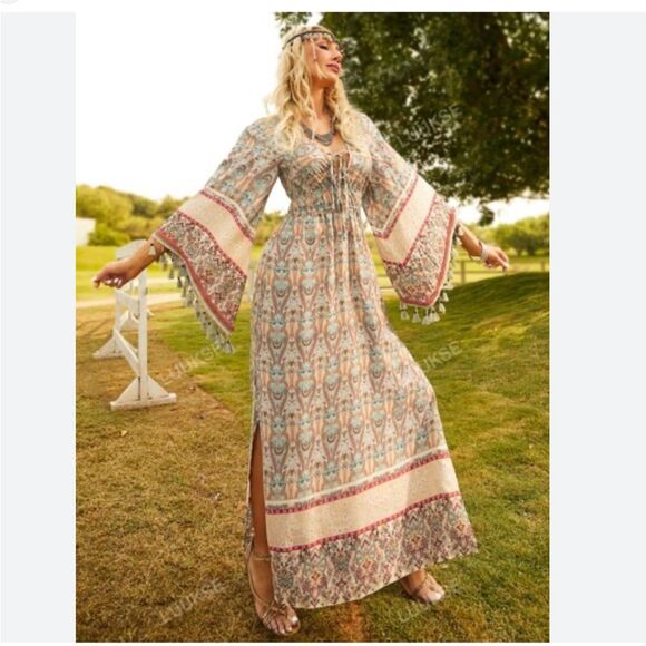Unbranded Dresses & Skirts - Bohemian Floral Print Woven Bell Sleeve Flounce Peasant Maxi  Hippie Dress L